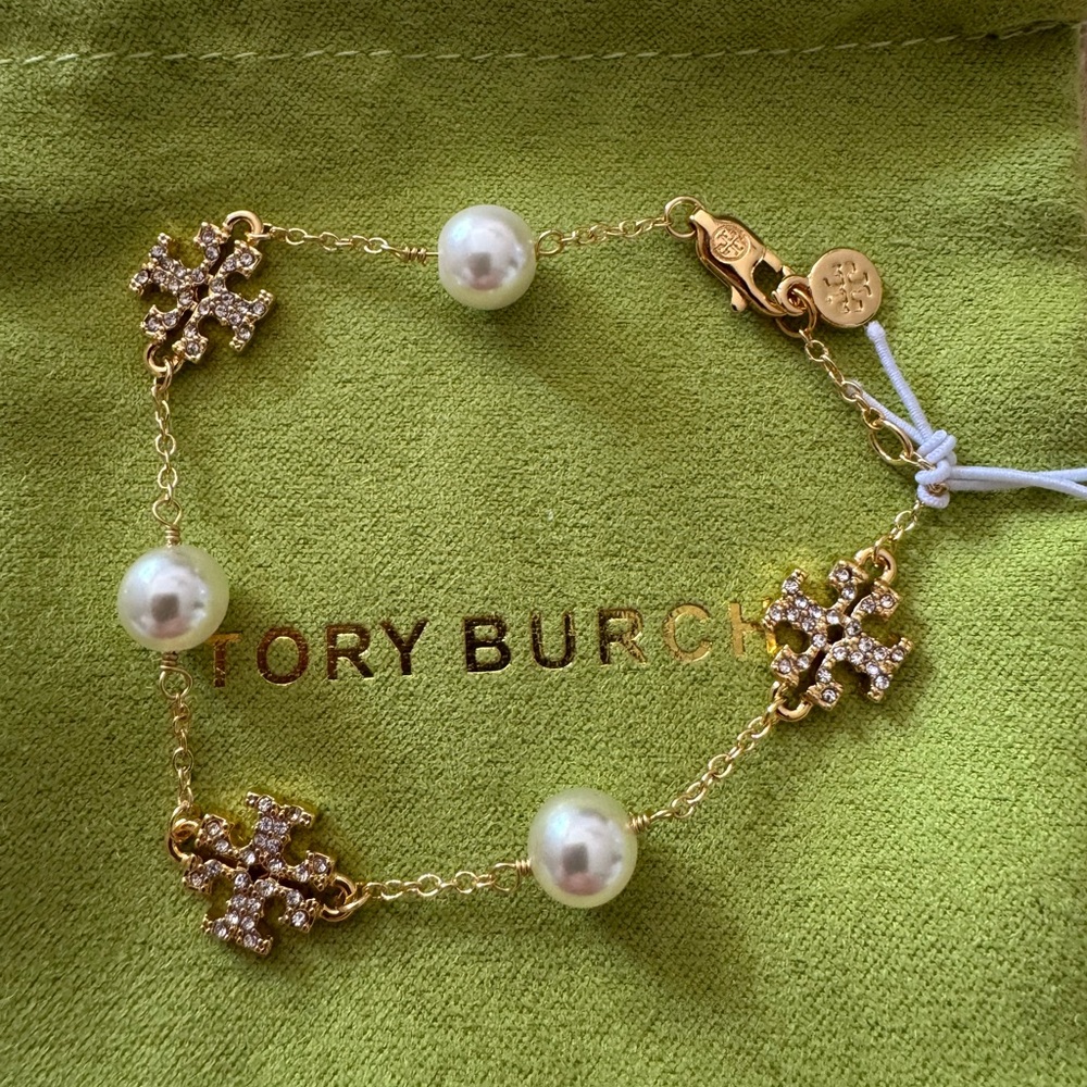 Tory Burch Gold and Crystal Pearl Bracelet